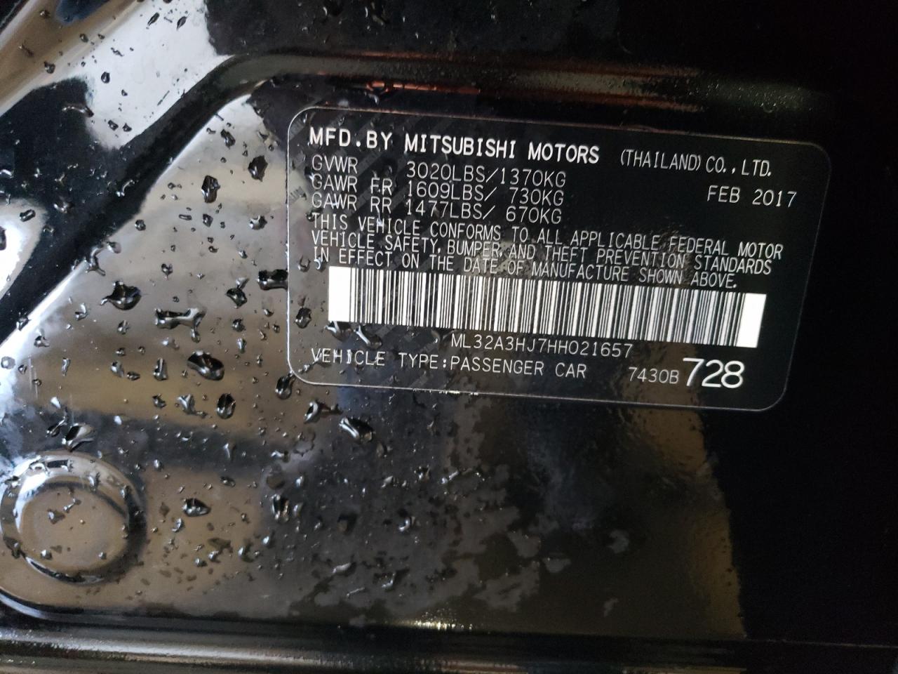 2017 Mitsubishi Mirage VIN ML32A3HJ7HH021657 Copart auction photo, front end damage thumbnail 12