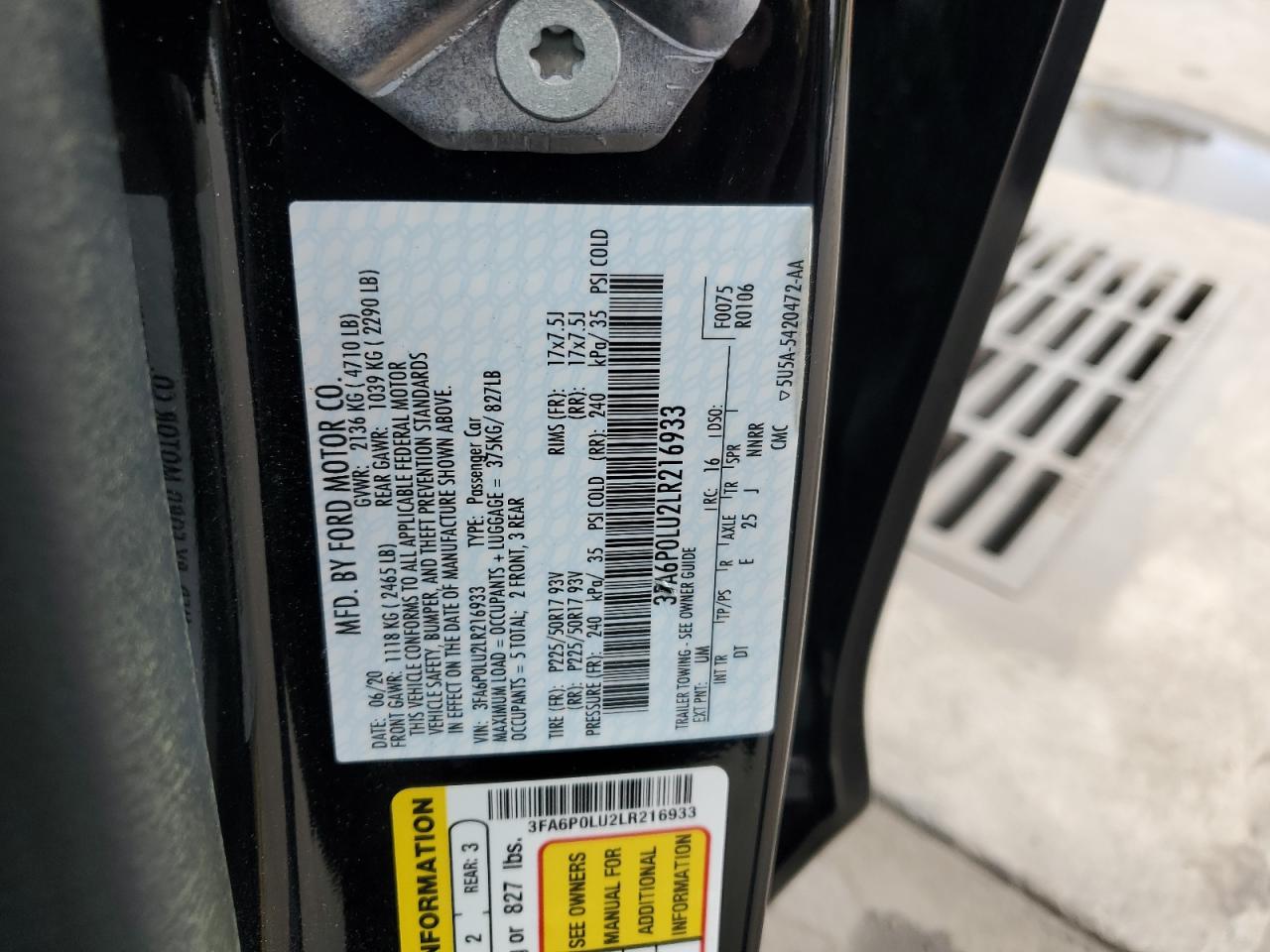 2020 Ford Fusion VIN 3FA6P0LU2LR216933 Copart auction photo, front end damage thumbnail 12