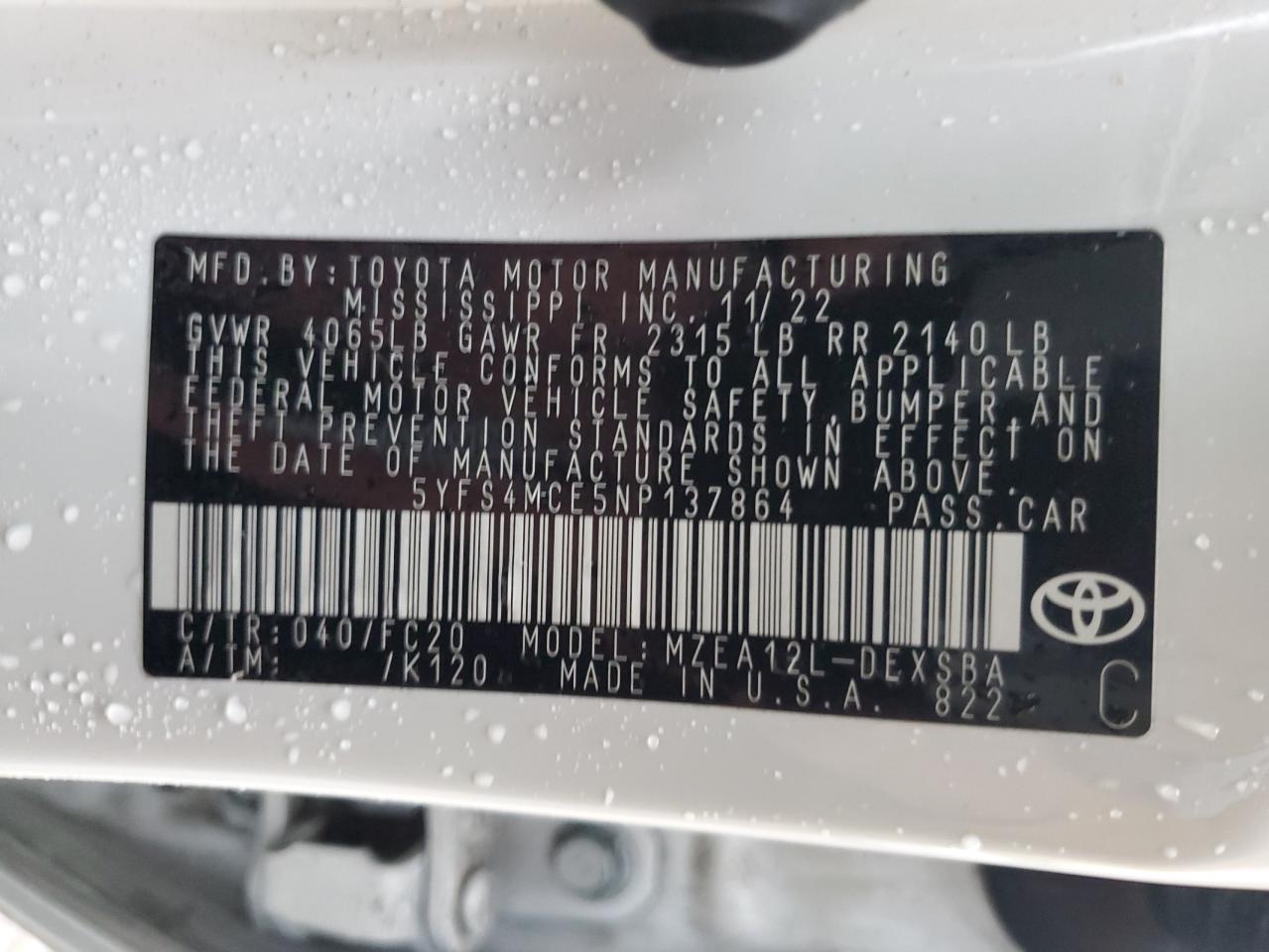2022 Toyota Corolla VIN 5YFS4MCE5NP137864 Copart auction photo, front end damage thumbnail 14