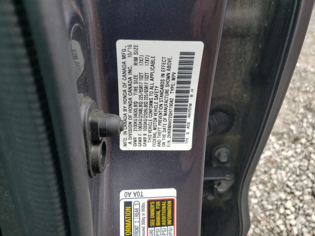 2016 Honda CR-V VIN 2HKRM4H72GH719042 Copart auction photo, front end / side damage thumbnail 13