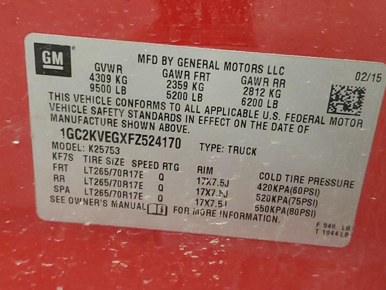 2015 Chevrolet Silverado VIN 1GC2KVEGXFZ524170 Copart auction photo, all over damage thumbnail 15
