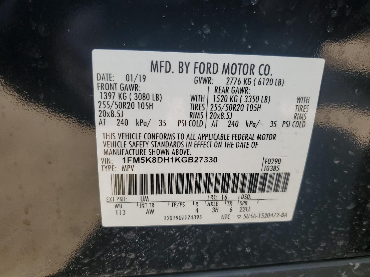 2019 Ford Explorer VIN 1FM5K8DH1KGB27330 Copart auction photo, rear end / front end damage thumbnail 15