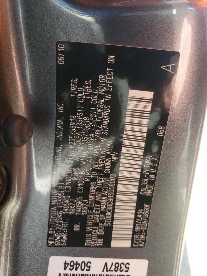 2011 Toyota Sienna VIN 5TDDK3DC9BS008003 Copart auction photo, front end / side damage thumbnail 13