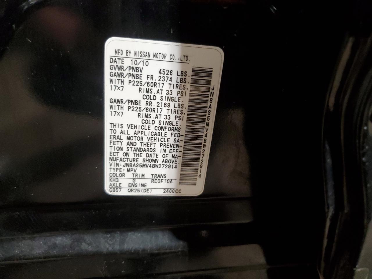 2011 Nissan Rogue VIN JN8AS5MV4BW272914 Copart auction photo, rear end damage thumbnail 13