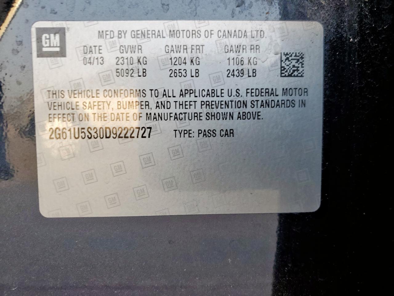 2013 Cadillac XTS VIN 2G61U5S30D9222727 Copart auction photo, front end damage thumbnail 13