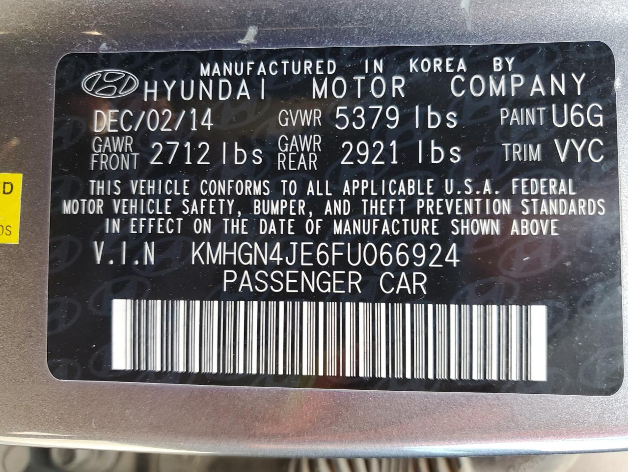 2015 Hyundai Genesis VIN KMHGN4JE6FU066924 Copart auction photo, rear end damage thumbnail 12
