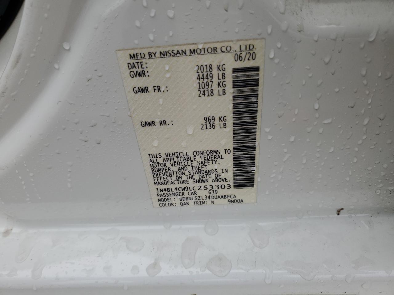 2020 Nissan Altima VIN 1N4BL4CW9LC253303 Copart auction photo, front end / damage history damage thumbnail 12