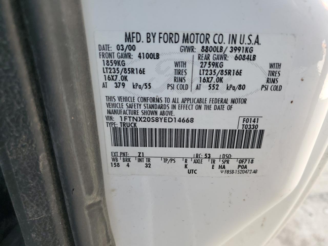 2000 Ford F250 VIN 1FTNX20S8YED14668 Copart auction photo, side / minor dent/scratches damage thumbnail 13