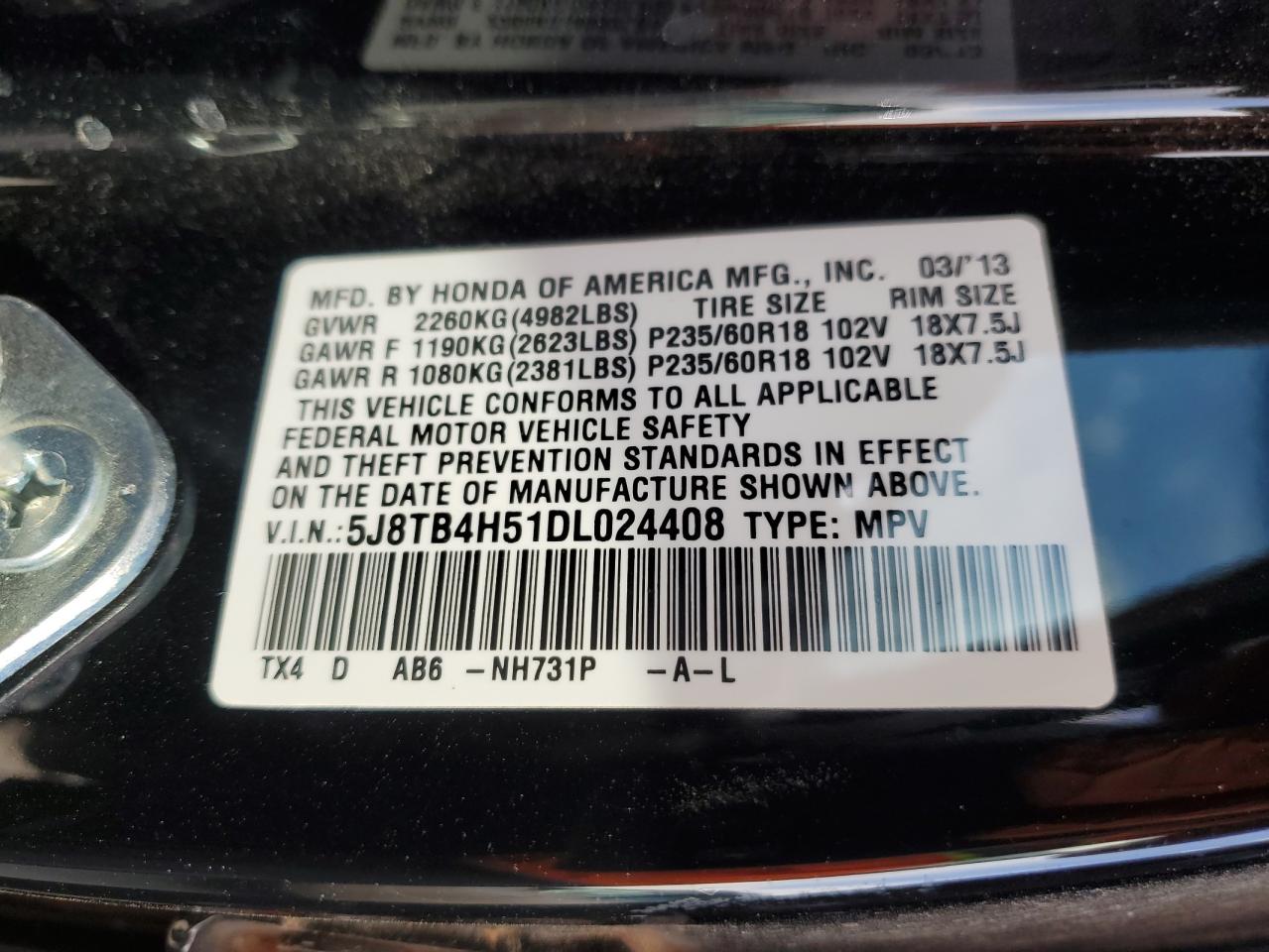 2013 Acura RDX VIN 5J8TB4H51DL024408 Copart auction photo, front end / side damage thumbnail 13