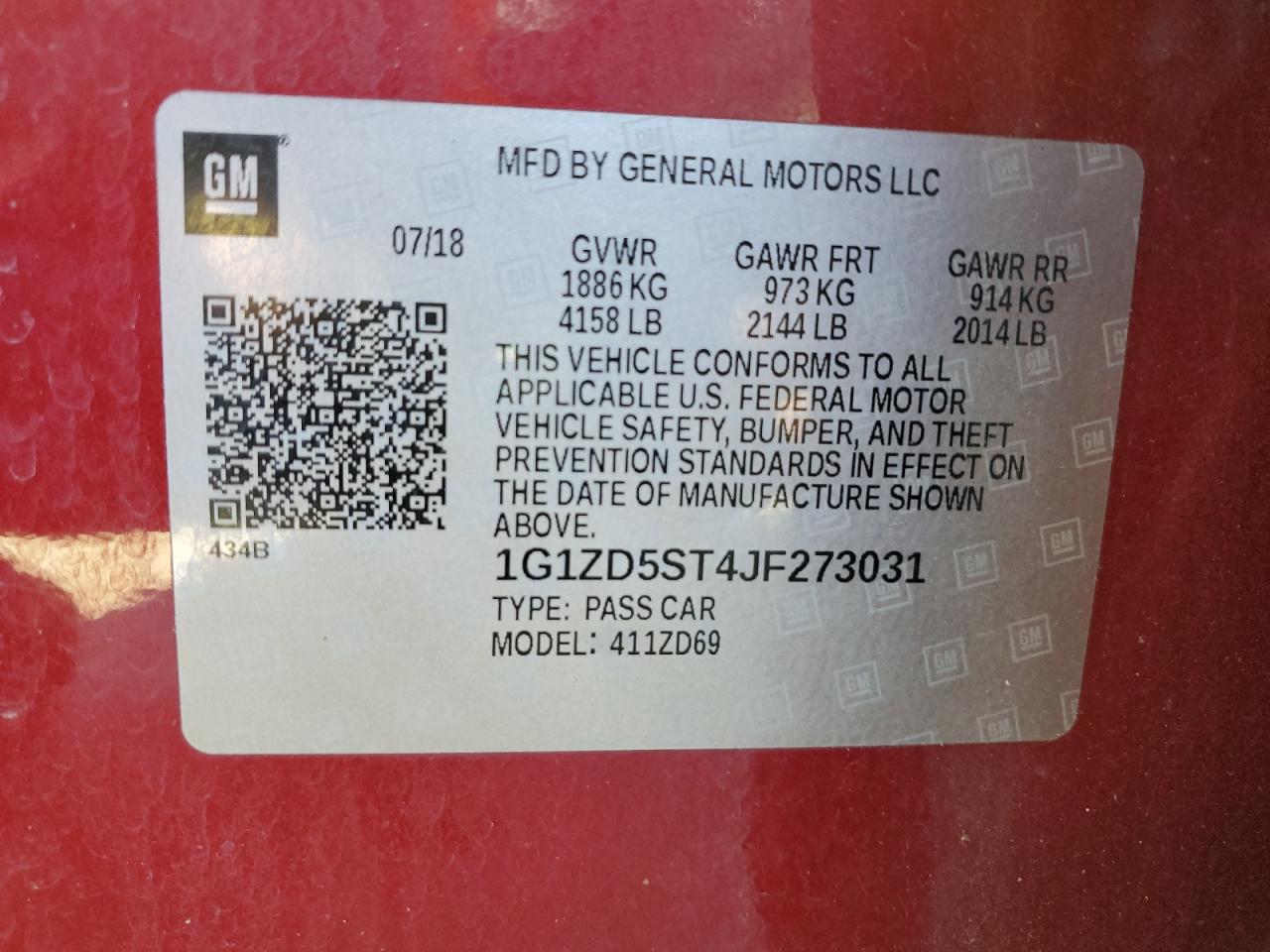 2018 Chevrolet Malibu VIN 1G1ZD5ST4JF273031 Copart auction photo, top/roof / front end damage thumbnail 12