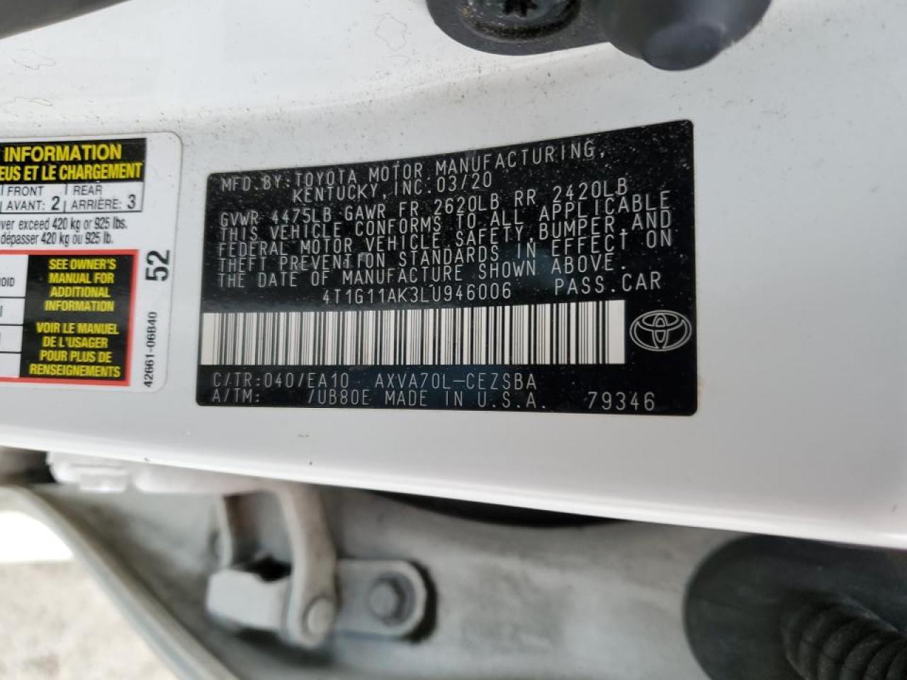 2020 Toyota Camry VIN 4T1G11AK3LU946006 Copart auction photo, rear end / front end damage thumbnail 13