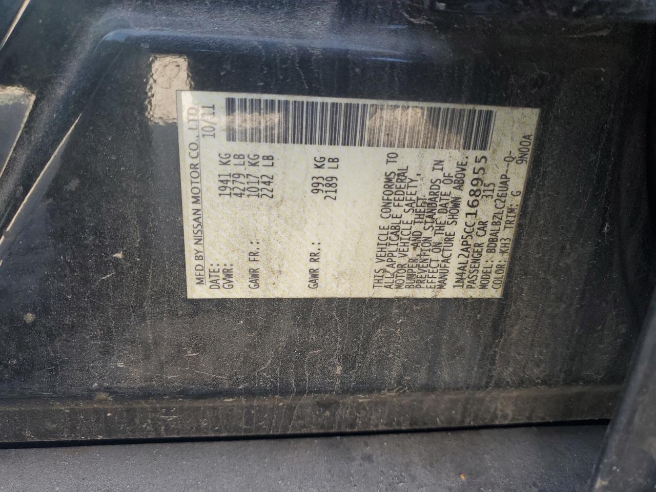 2012 Nissan Altima VIN 1N4AL2AP5CC168955 Copart auction photo, front end / minor dent/scratches damage thumbnail 14