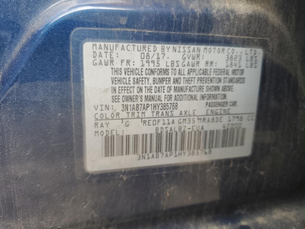 2017 Nissan Sentra VIN 3N1AB7AP1HY385768 Copart auction photo, front end / rear end damage thumbnail 13