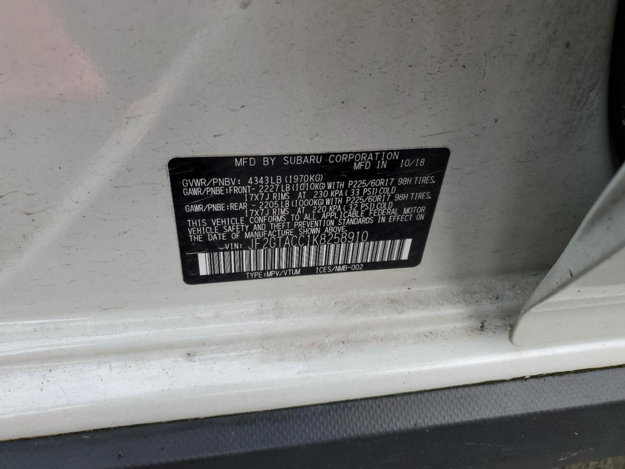 2019 Subaru XV VIN JF2GTACC1K8258910 Copart auction photo, rear end / side damage thumbnail 13