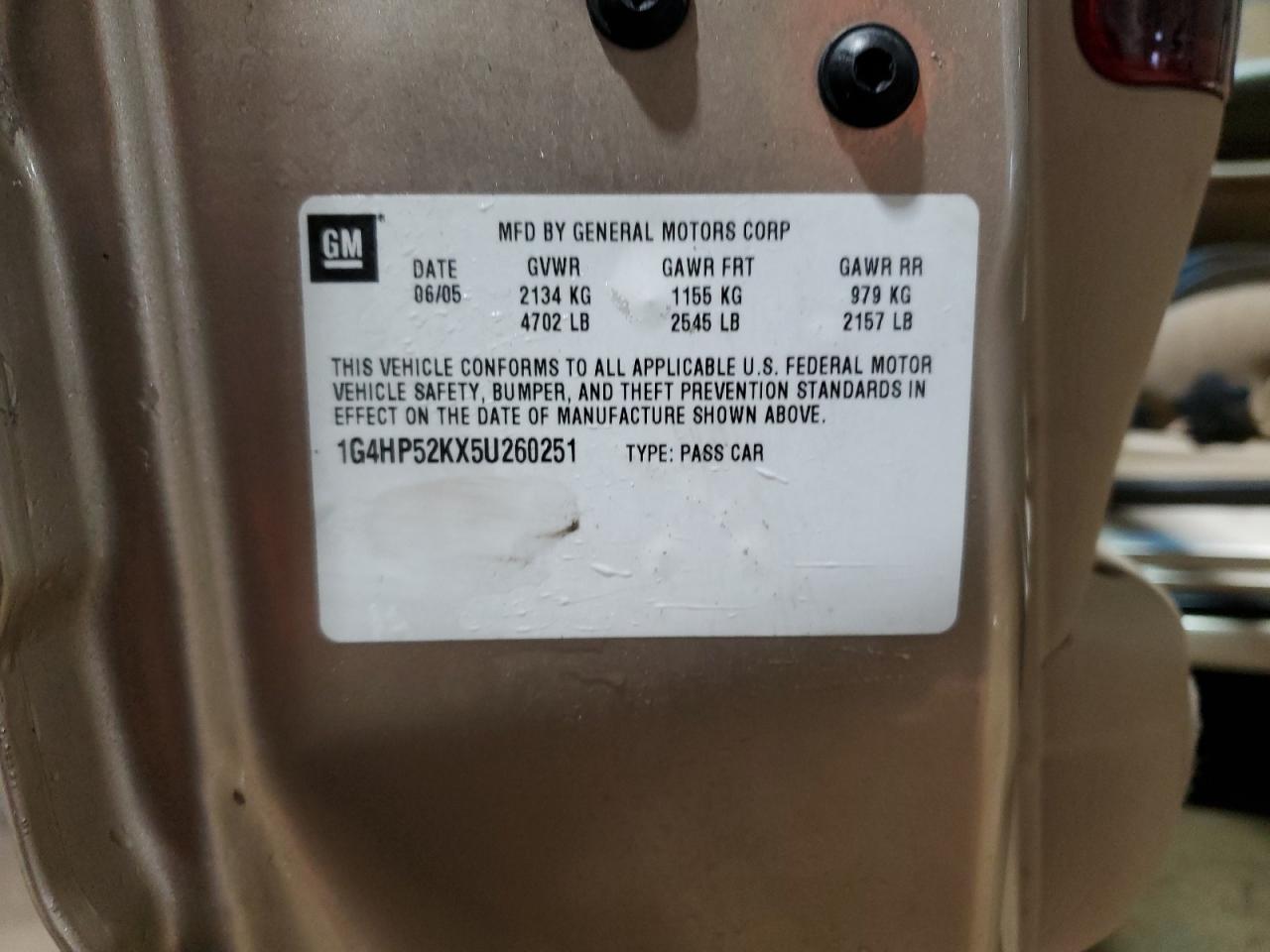 2005 Buick LeSabre VIN 1G4HP52KX5U260251 Copart auction photo, side damage thumbnail 12