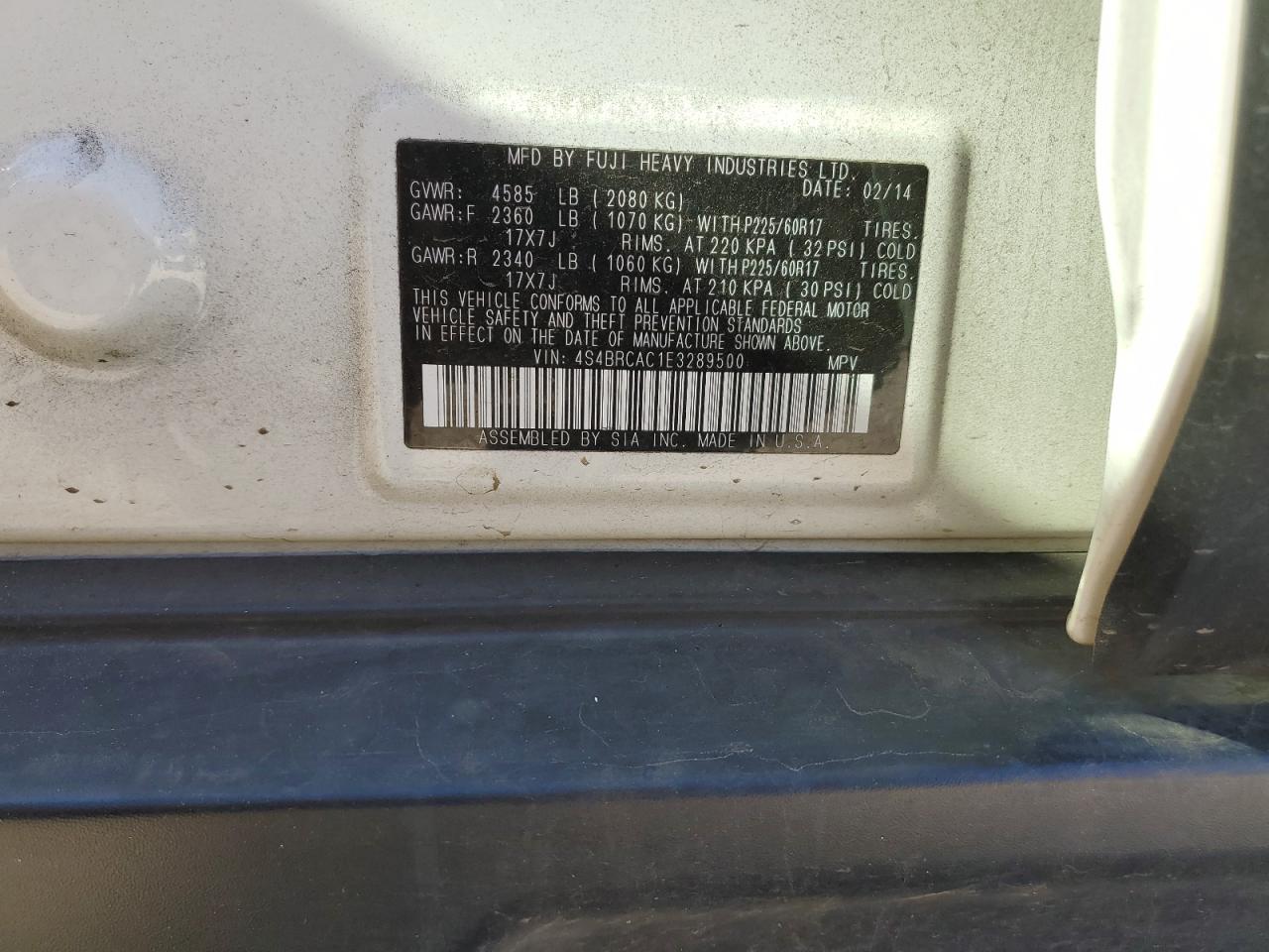 2014 Subaru Outback VIN 4S4BRCAC1E3289500 Copart auction photo, rear end damage thumbnail 13