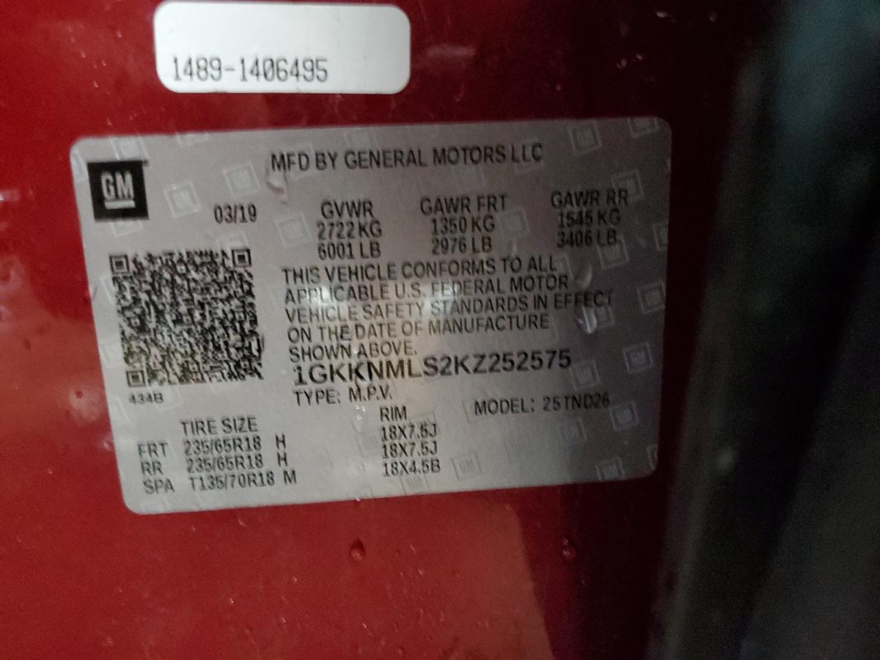2019 GMC Acadia VIN 1GKKNMLS2KZ252575 Copart auction photo, rear end damage thumbnail 13