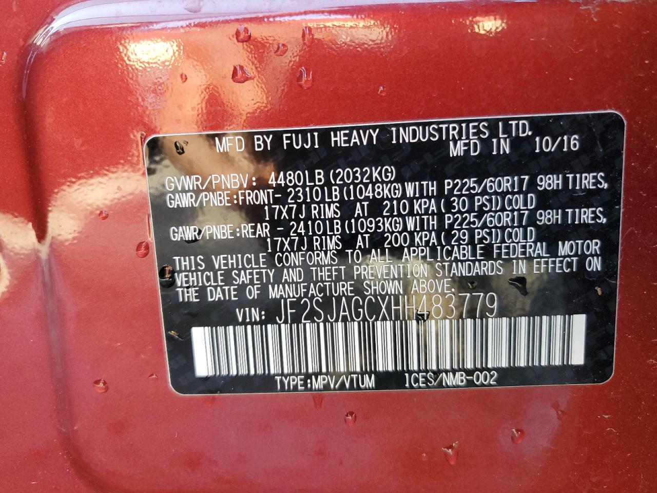 2017 Subaru Forester VIN JF2SJAGCXHH483779 Copart auction photo, front end damage thumbnail 13