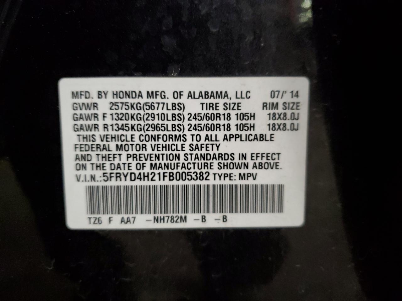2015 Acura MDX VIN 5FRYD4H21FB005382 Copart auction photo, front end / all over damage thumbnail 14