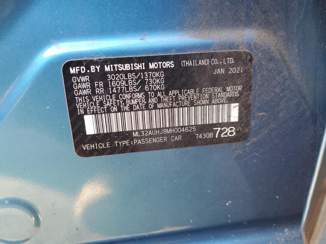 2021 Mitsubishi Mirage VIN ML32AUHJ8MH004625 Copart auction photo, rear end damage thumbnail 12