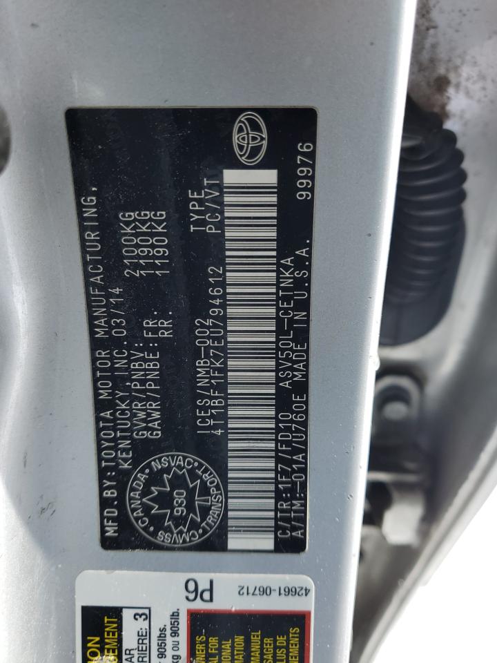 2014 Toyota Camry VIN 4T1BF1FK7EU794612 Copart auction photo, side / rear end damage thumbnail 12