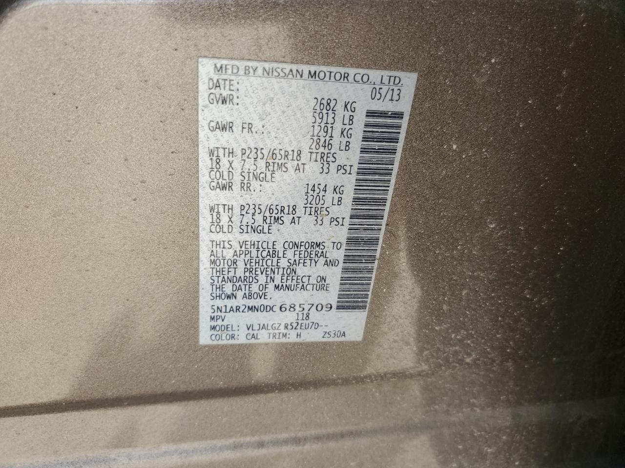 2013 Nissan Pathfinder VIN 5N1AR2MN0DC685709 Copart auction photo, front end damage thumbnail 16