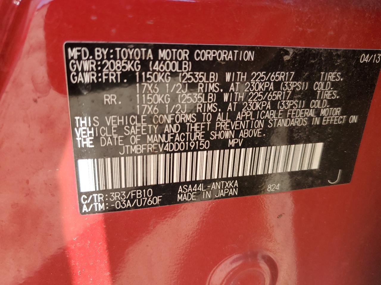 2013 Toyota RAV 4 VIN JTMBFREV4DD019150 Copart auction photo, front end damage thumbnail 13