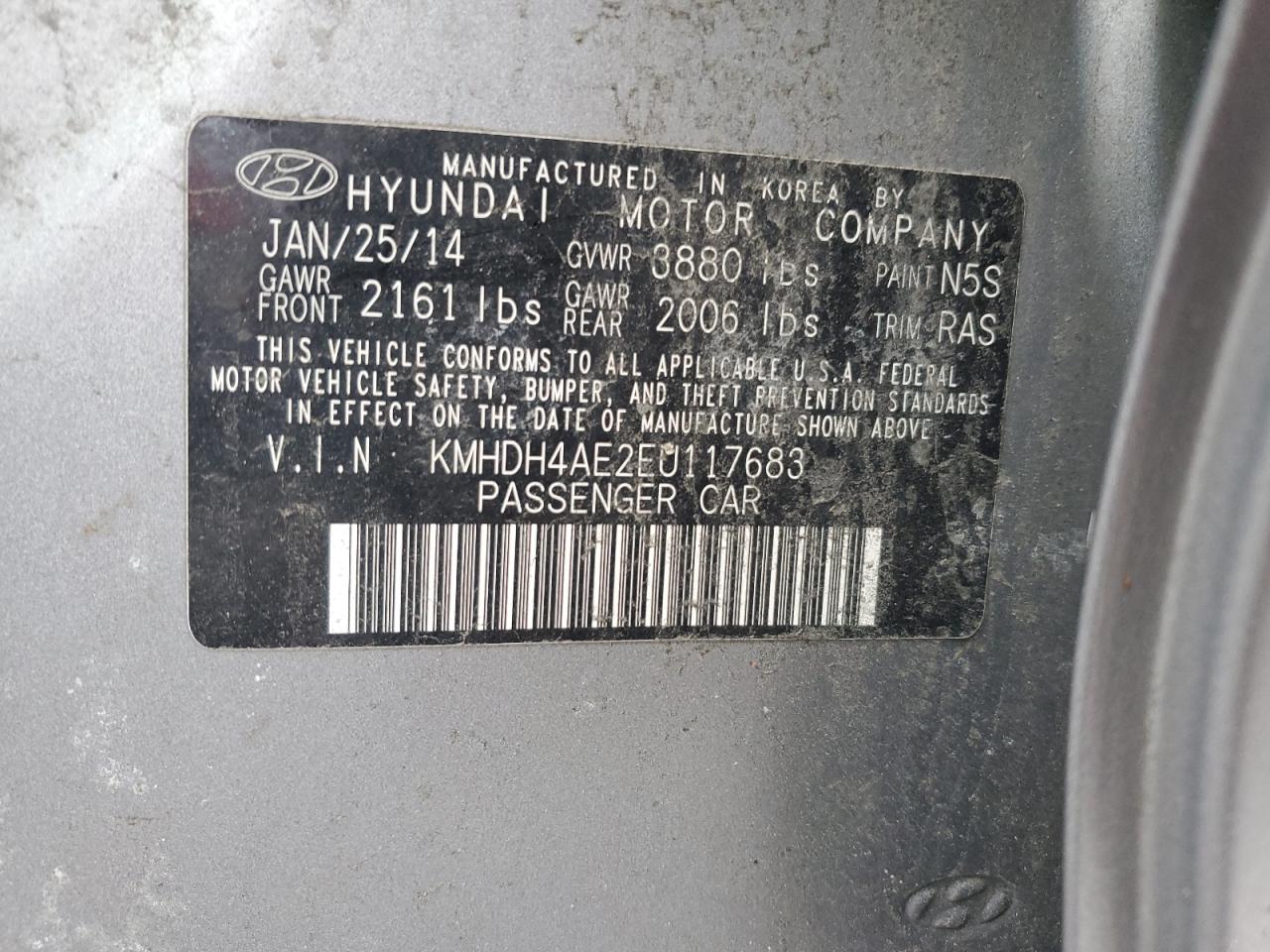 2014 Hyundai Elantra VIN KMHDH4AE2EU117683 Copart auction photo, front end damage thumbnail 12