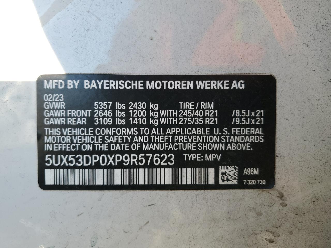 2023 BMW X3 VIN 5UX53DP0XP9R57623 Copart auction photo, front end damage thumbnail 13