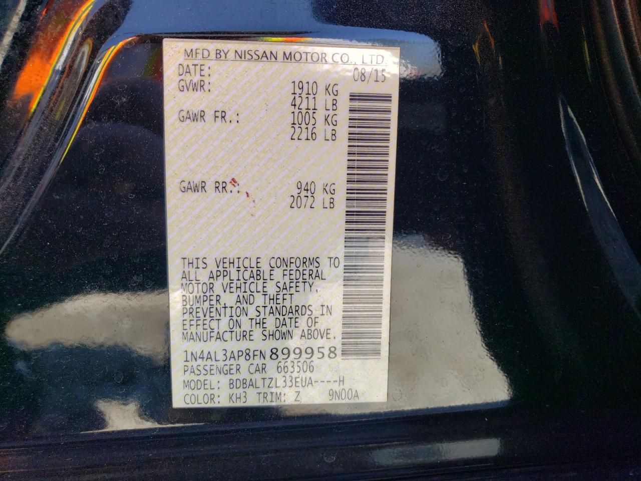 2015 Nissan Altima VIN 1N4AL3AP8FN899958 Copart auction photo, front end damage thumbnail 12