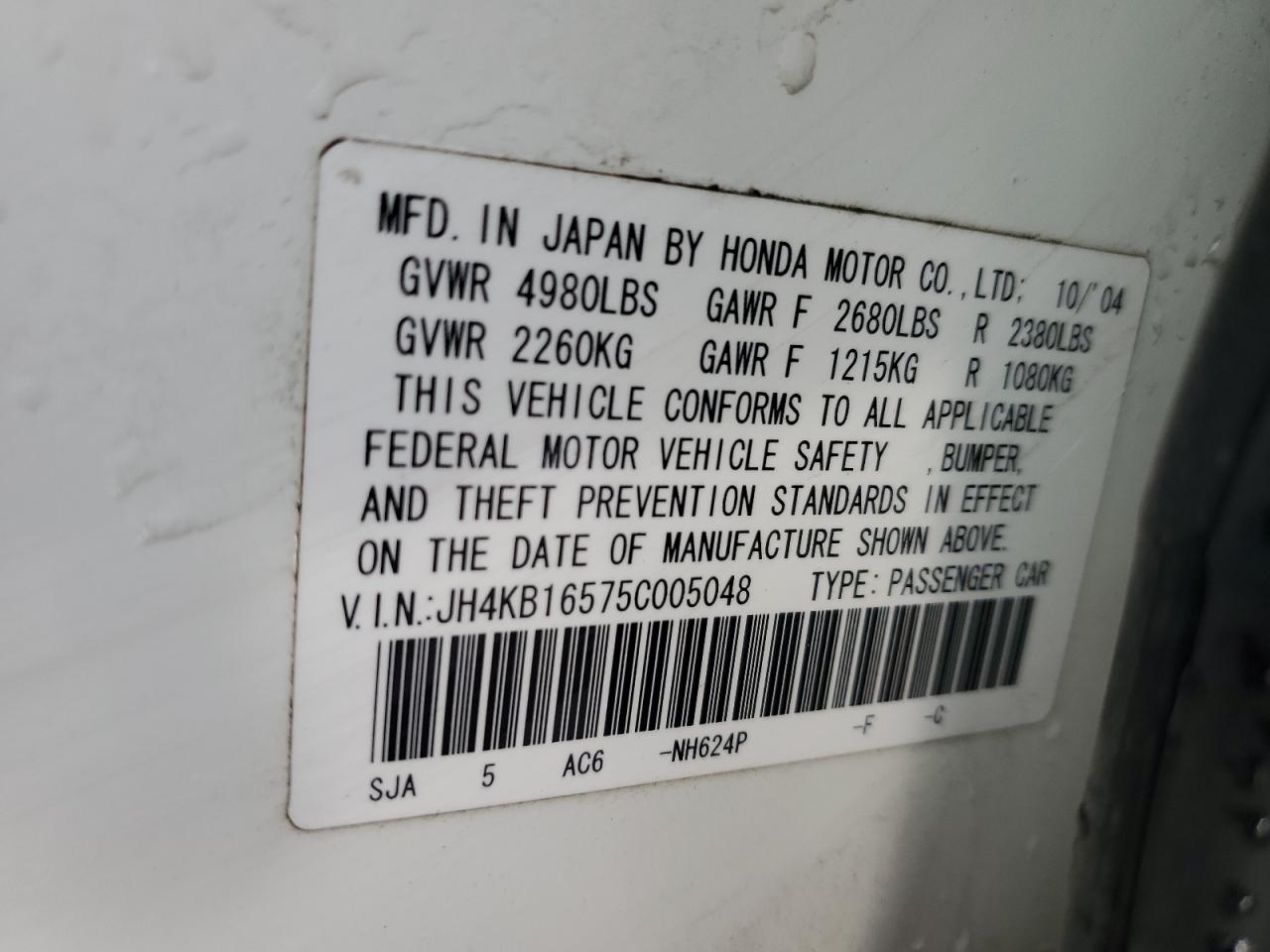 2005 Acura RL VIN JH4KB16575C005048 Copart auction photo, front end damage thumbnail 13