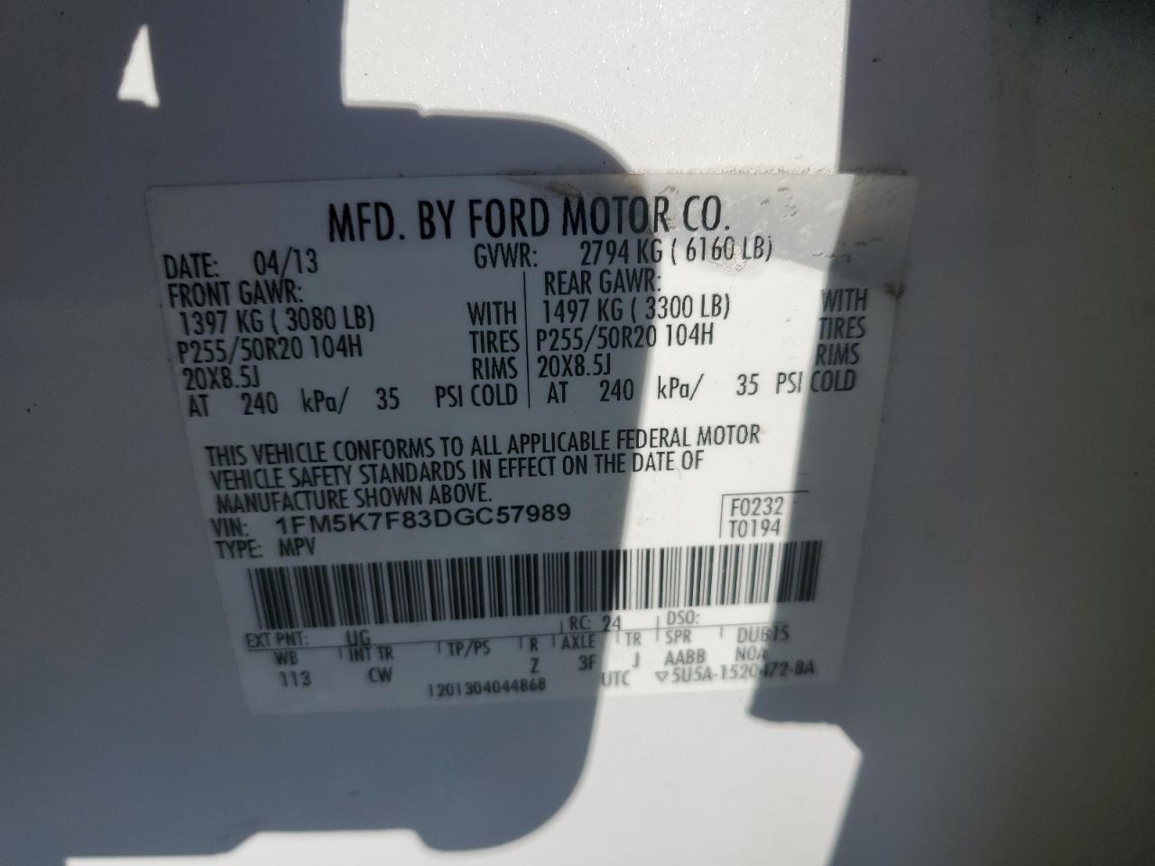 2013 Ford Explorer VIN 1FM5K7F83DGC57989 Copart auction photo, rear end damage thumbnail 13