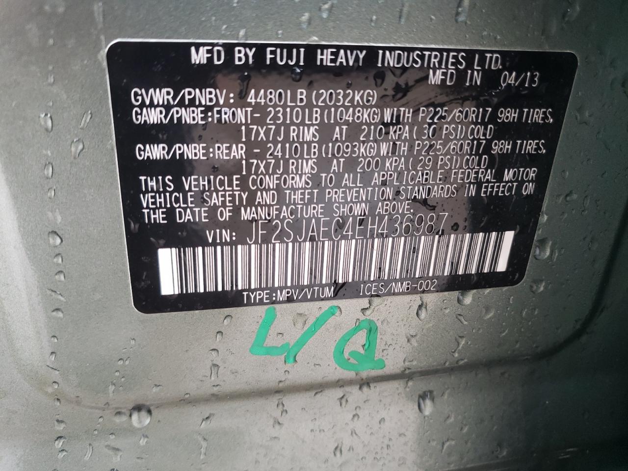 2014 Subaru Forester VIN JF2SJAEC4EH436987 Copart auction photo, front end / rear end damage thumbnail 13