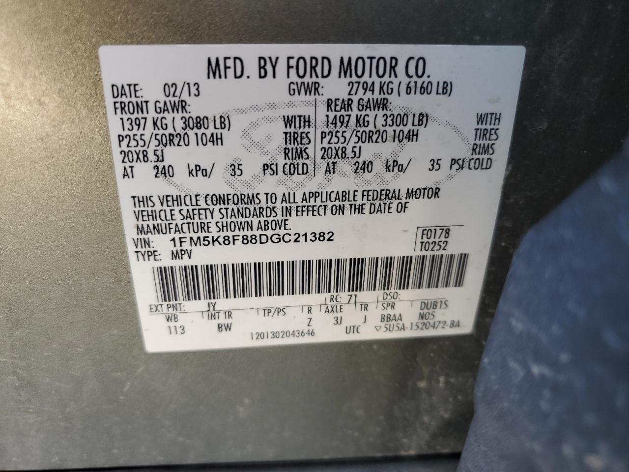 2013 Ford Explorer VIN 1FM5K8F88DGC21382 Copart auction photo, front end / minor dent/scratches damage thumbnail 13