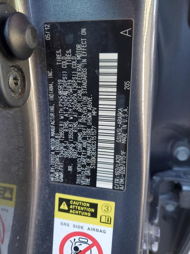 2012 Toyota Highlander VIN 5TDDK3EH0CS151577 Copart auction photo, minor dent/scratches damage thumbnail 12