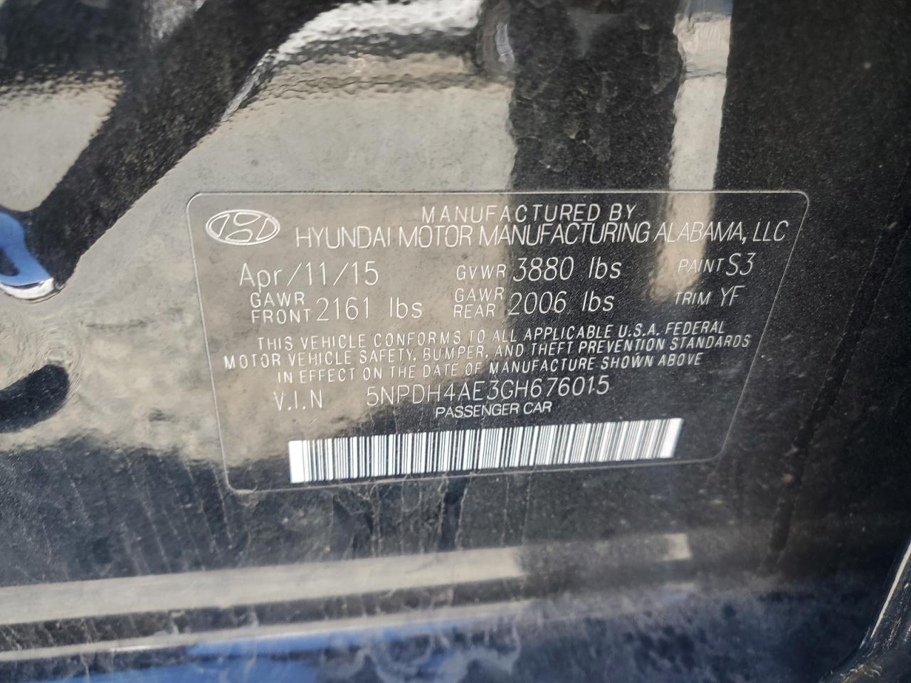 2016 Hyundai Elantra VIN 5NPDH4AE3GH676015 Copart auction photo, front end damage thumbnail 13