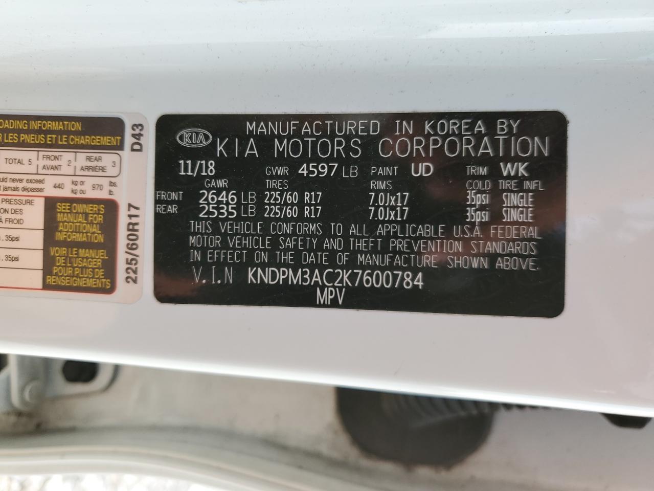 2019 KIA Sportage VIN KNDPM3AC2K7600784 Copart auction photo, front end damage thumbnail 14