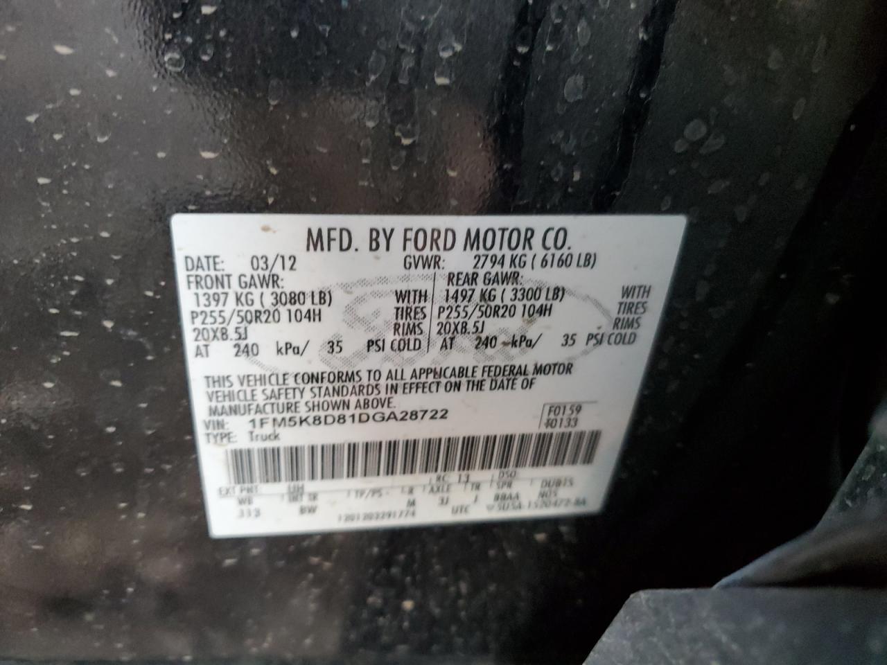 2013 Ford Explorer VIN 1FM5K8D81DGA28722 Copart auction photo, front end damage thumbnail 13