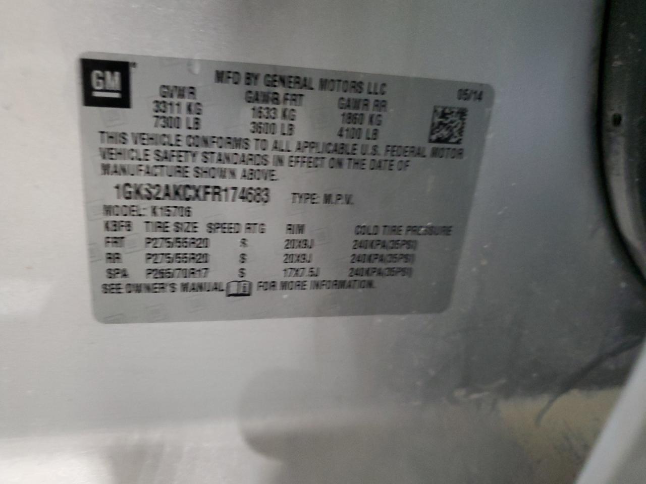 2015 GMC Yukon VIN 1GKS2AKCXFR174683 Copart auction photo, front end / side damage thumbnail 13