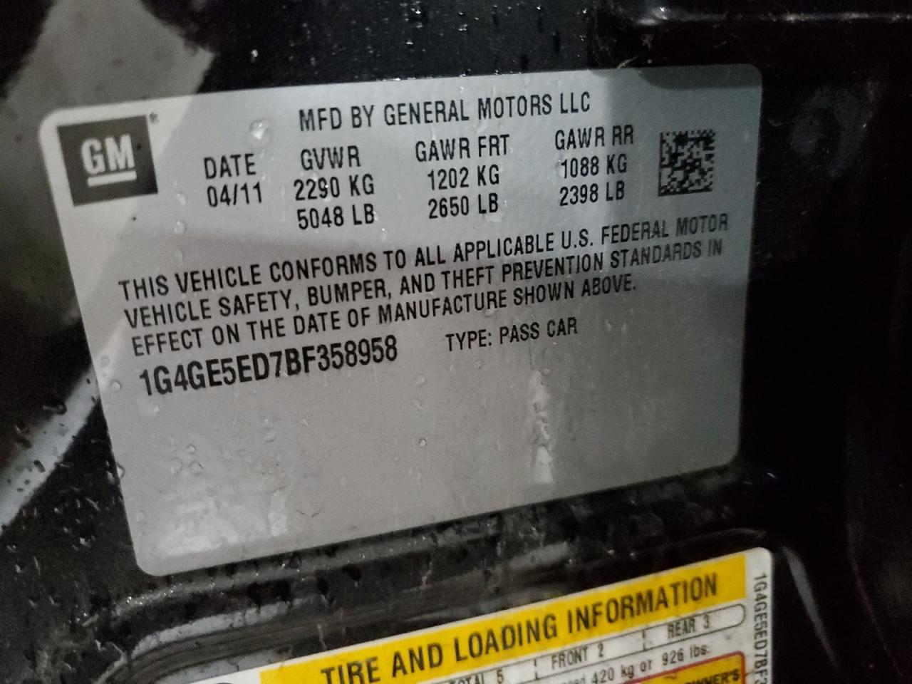 2011 Buick LaCrosse VIN 1G4GE5ED7BF358958 Copart auction photo, front end / side damage thumbnail 14