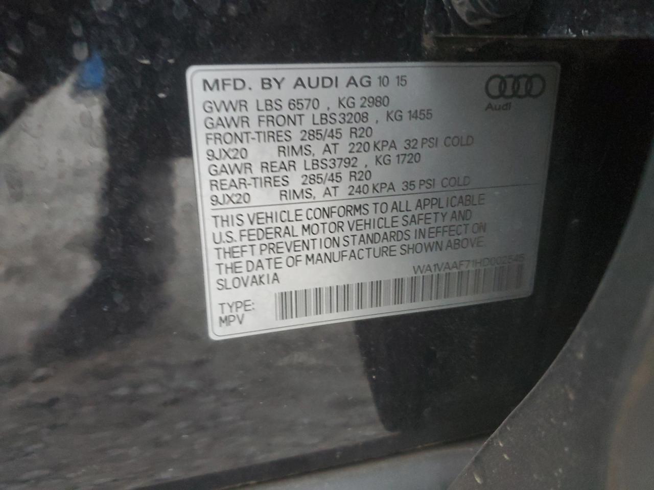 2017 Audi Q7 VIN WA1VAAF71HD002545 Copart auction photo, front end damage thumbnail 15
