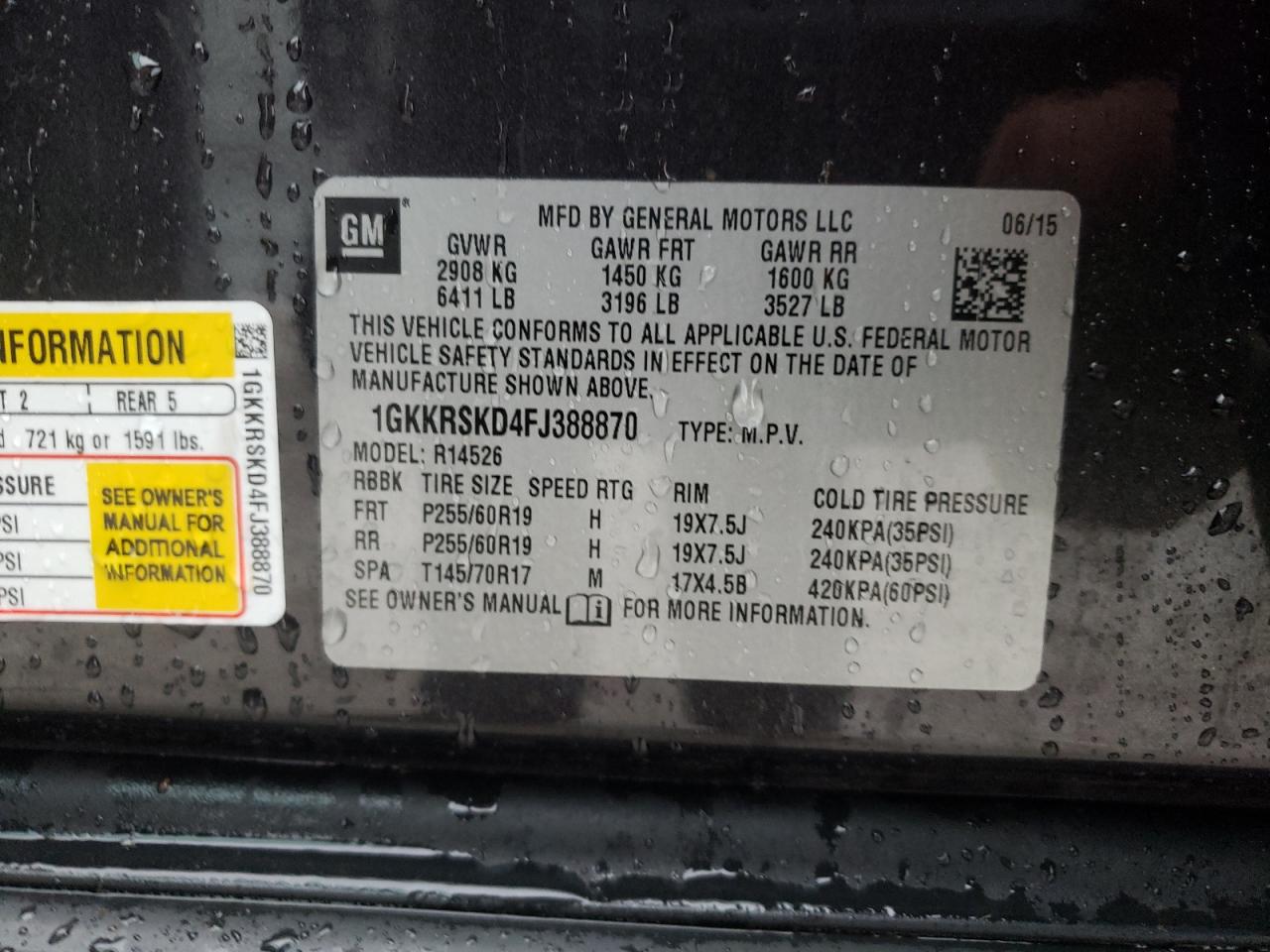 2015 GMC Acadia VIN 1GKKRSKD4FJ388870 Copart auction photo, front end damage thumbnail 15