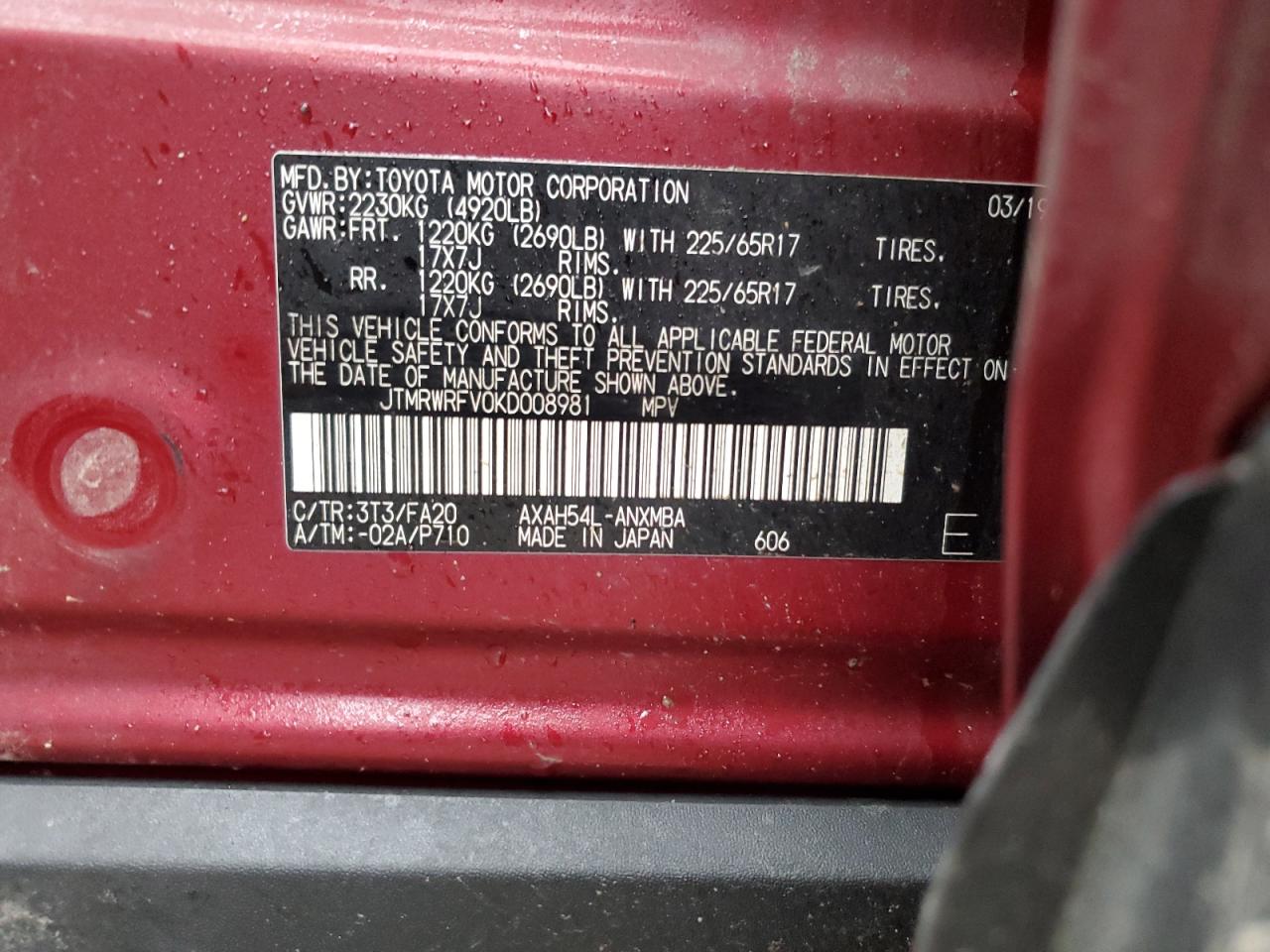 2019 Toyota RAV 4 VIN JTMRWRFV0KD008981 Copart auction photo, front end damage thumbnail 14