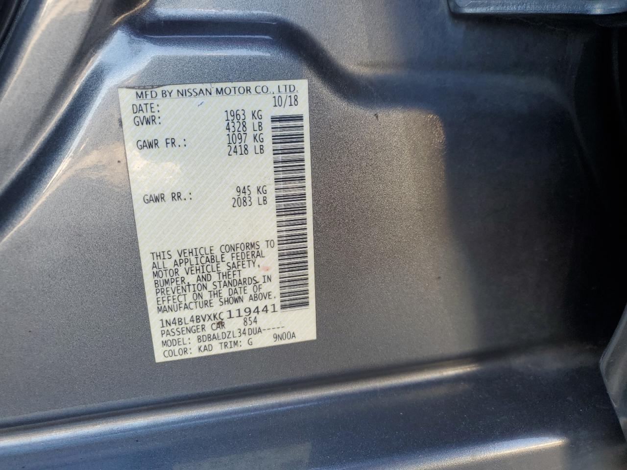 2019 Nissan Altima VIN 1N4BL4BVXKC119441 Copart auction photo, all over damage thumbnail 14
