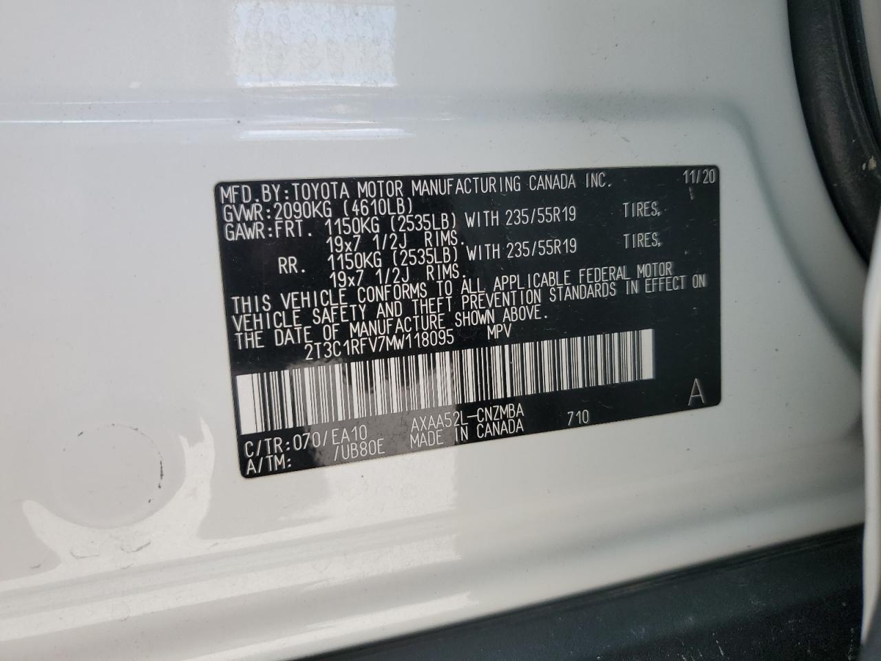2021 Toyota RAV 4 VIN 2T3C1RFV7MW118095 Copart auction photo, front end / side damage thumbnail 15