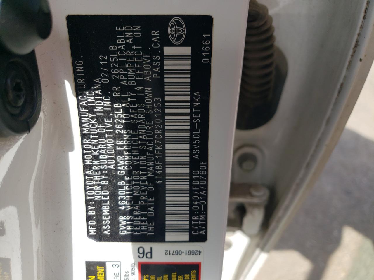 2012 Toyota Camry VIN 4T4BF1FK7CR201253 Copart auction photo, front end damage thumbnail 13