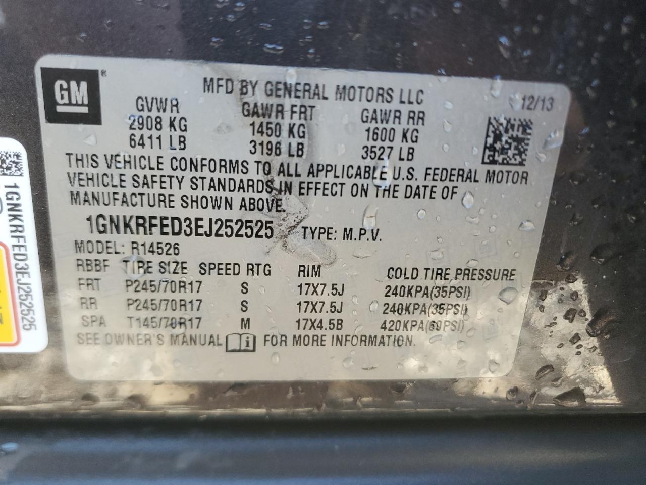 2014 Chevrolet Traverse VIN 1GNKRFED3EJ252525 Copart auction photo, front end / rear end damage thumbnail 13