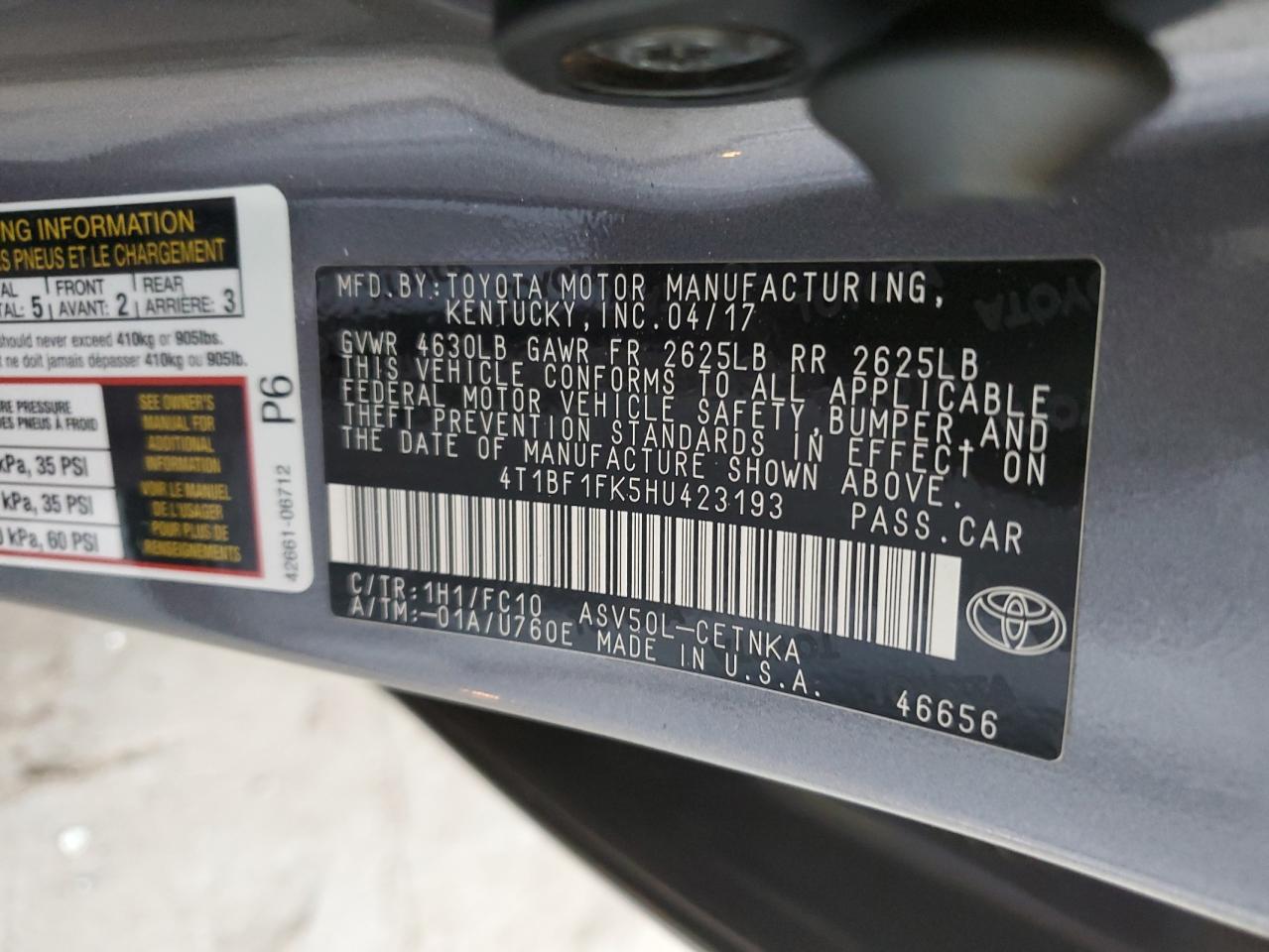 2017 Toyota Camry VIN 4T1BF1FK5HU423193 Copart auction photo, frame damage / front end damage thumbnail 13