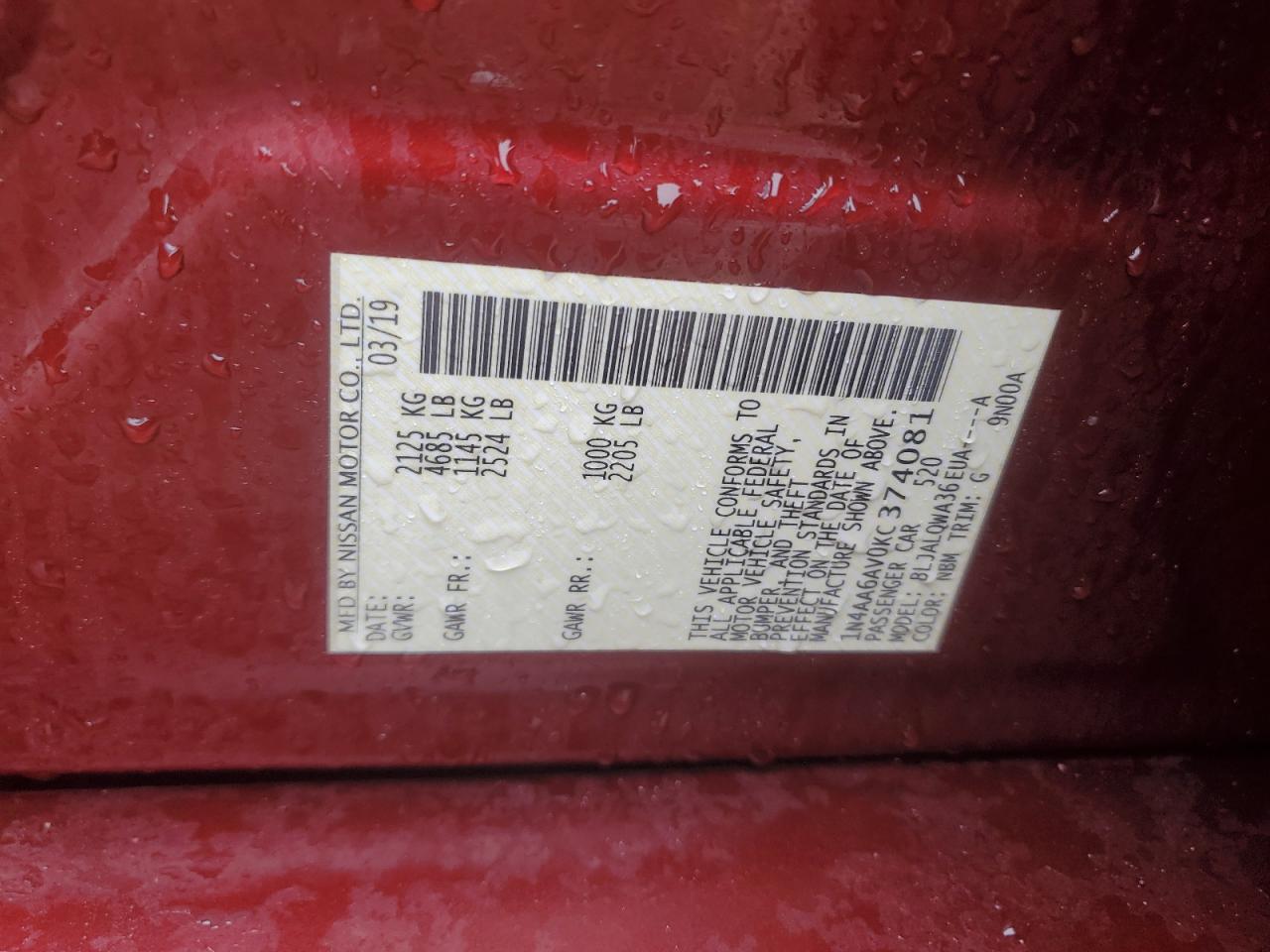 2019 Nissan Maxima VIN 1N4AA6AV0KC374081 Copart auction photo, front end damage thumbnail 13