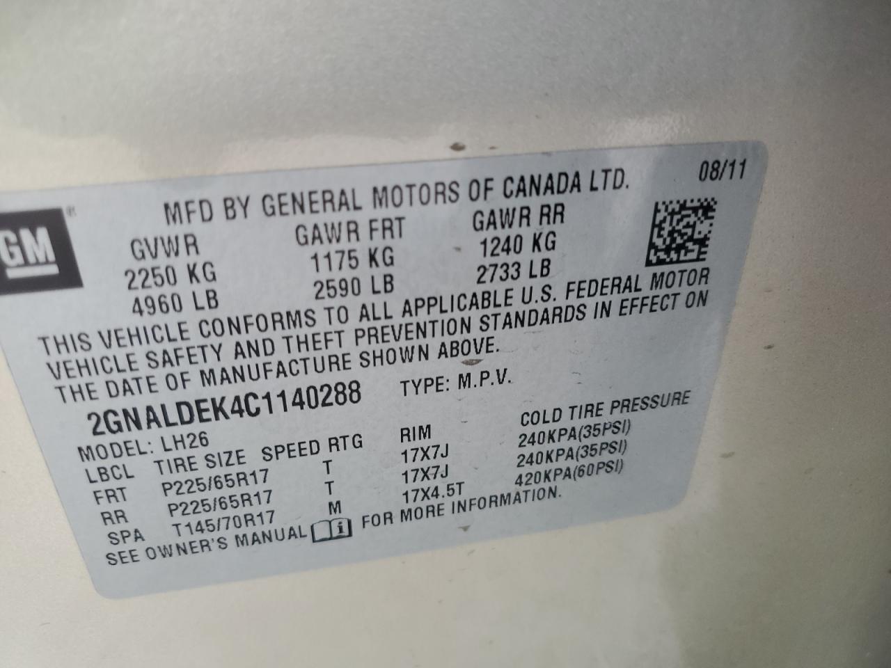 2012 Chevrolet Equinox VIN 2GNALDEK4C1140288 Copart auction photo, front end / frame damage damage thumbnail 13